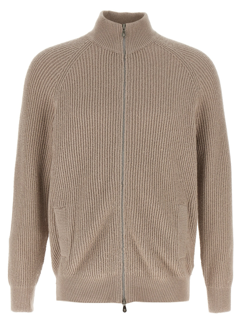 Brunello Cucinelli Collar Zip Cardigan Ribbed Texture In Neutral