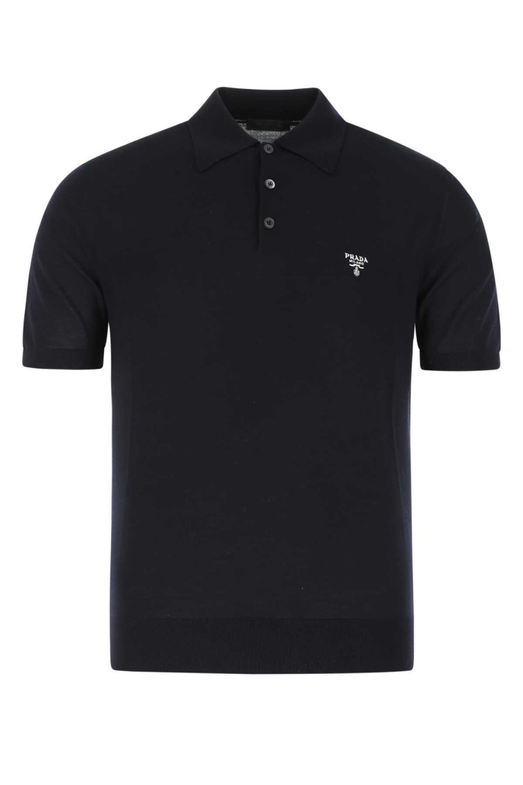 Prada Knit Polo T-shirt With Embroidered-logo In Navy Blue
