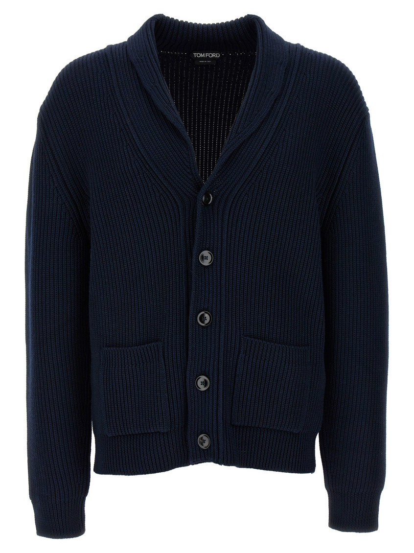 Tom Ford Silk Cardigan With Front Pockets And Shawl Collar In Blue