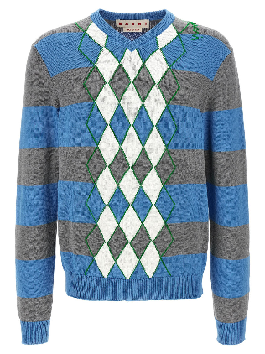Marni Blue Stripe Sweater With Argyle Motif In Multicolor