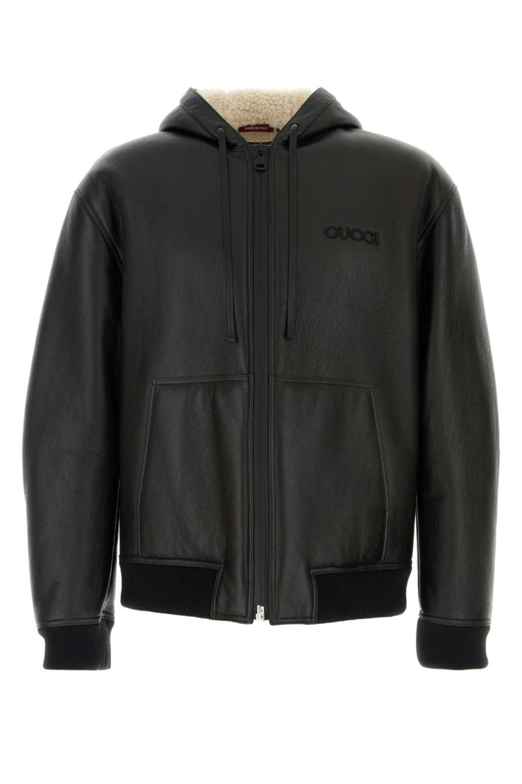 Gucci Leather Jacket With Front Pockets And Hood In Black