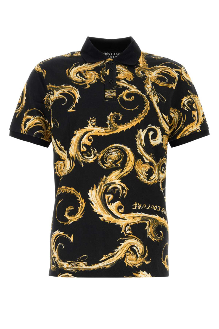 VERSACE JEANS COUTURE BLACK PRINTED PIQUET POLO SHIRT