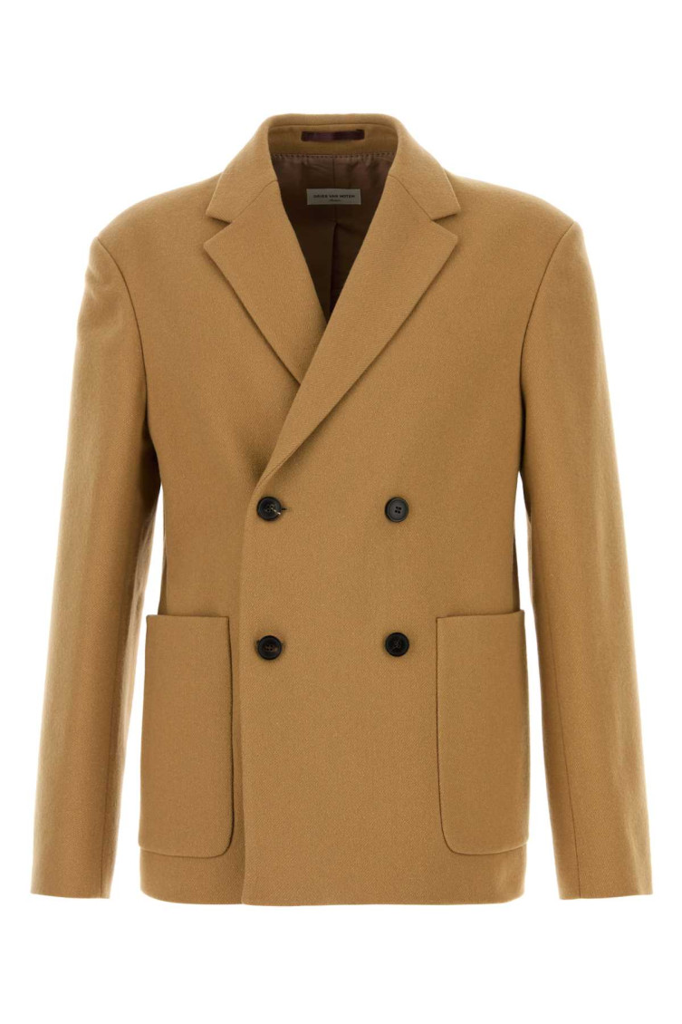 Dries Van Noten Wool Blend Double-breasted Blazer With Front Pockets In Beige