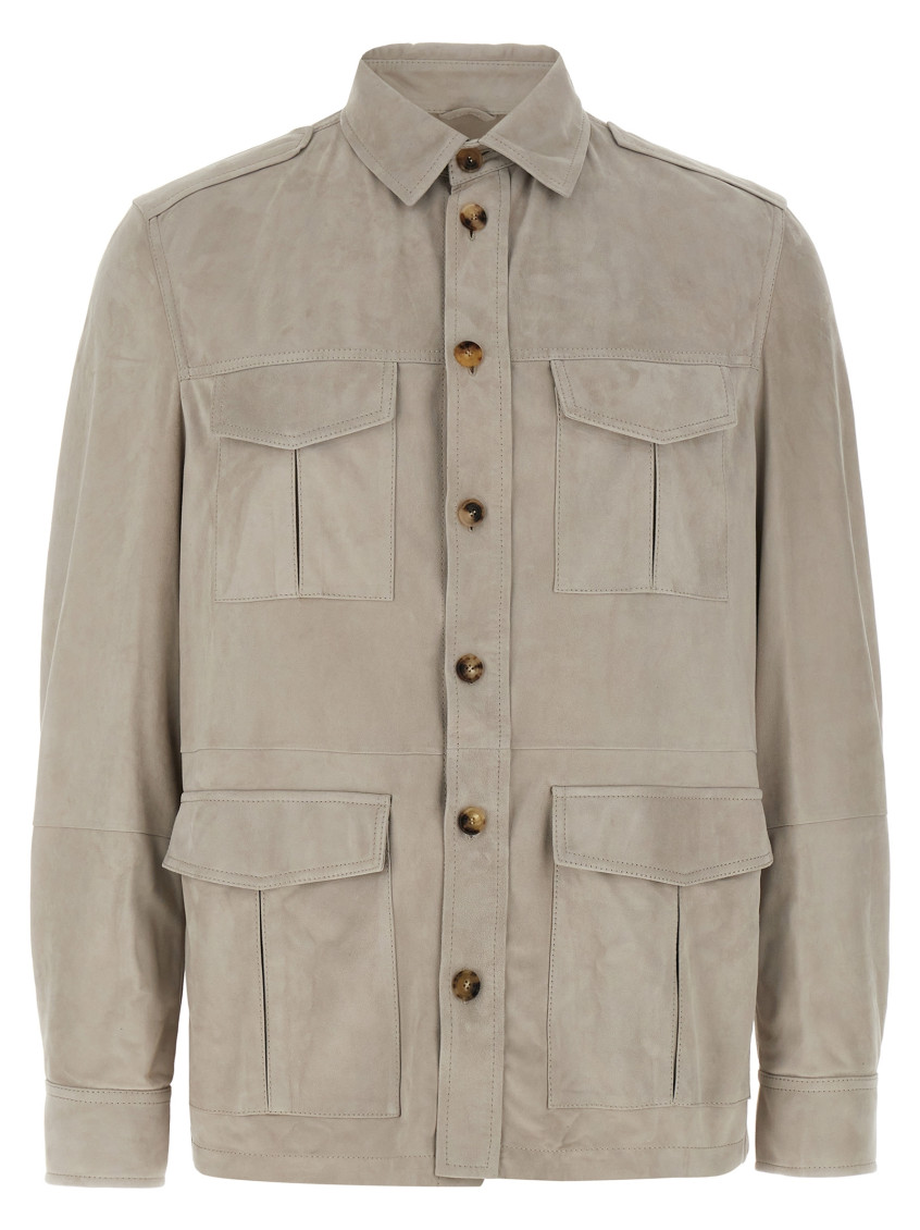 Brunello Cucinelli Suede Saharan Jacket Casual Jackets And Parka Gray In Grey
