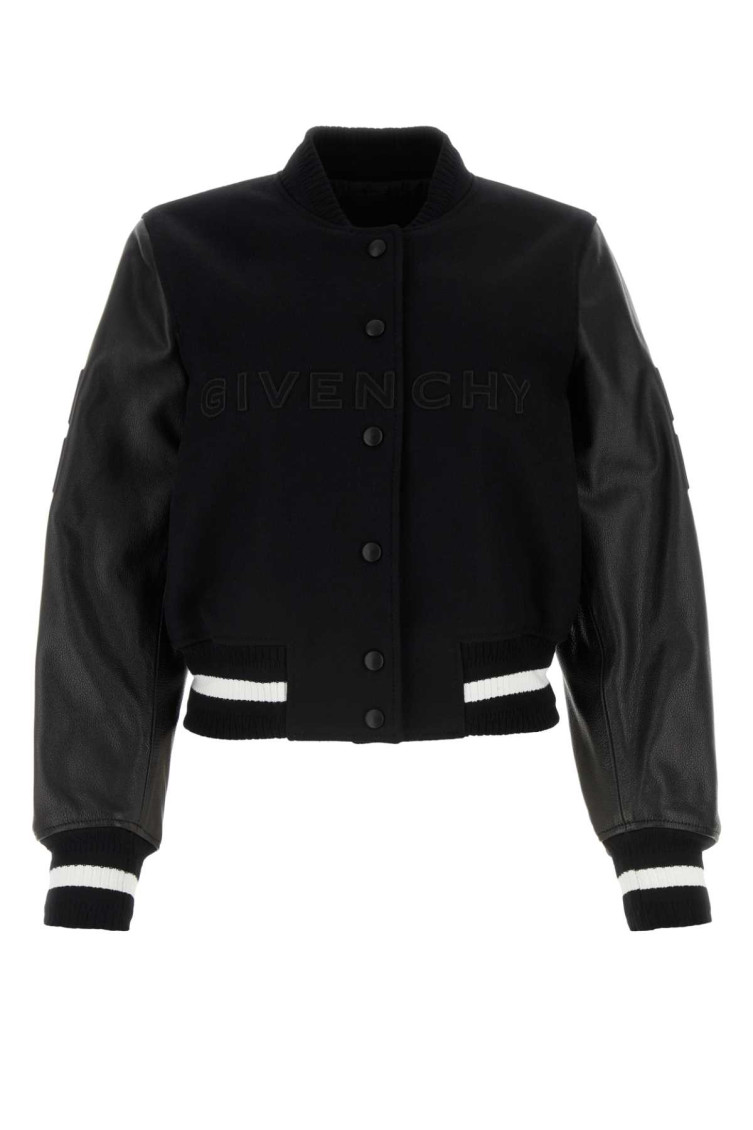Givenchy Wool Blend Parka With Leather Sleeves And Iconic Branding In Black