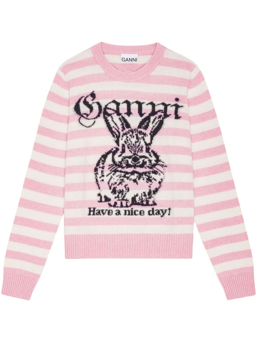 Ganni Striped Sweater With Rabbit