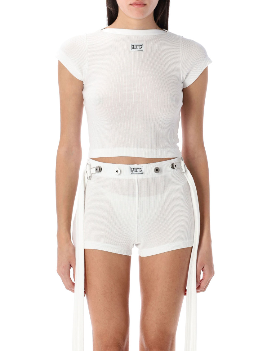 Jean Paul Gaultier White Cotton Crop T Shirt With Gaultier Logo