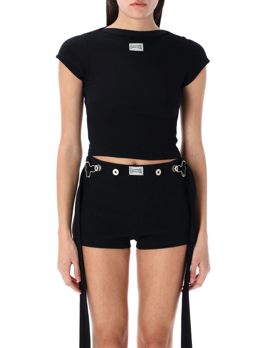 Jean Paul Gaultier Black Cropped Cotton Ribbed T-shirt With Logo