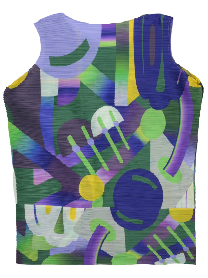 Pleats Please Purple Abstract Round Neck Top In Multi