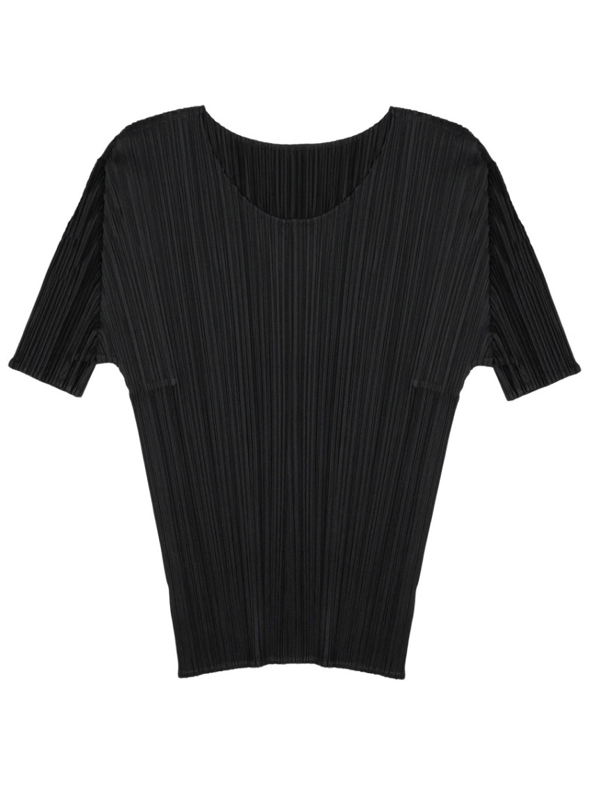 Pleats Please Black Textured Round Neck T-shirt