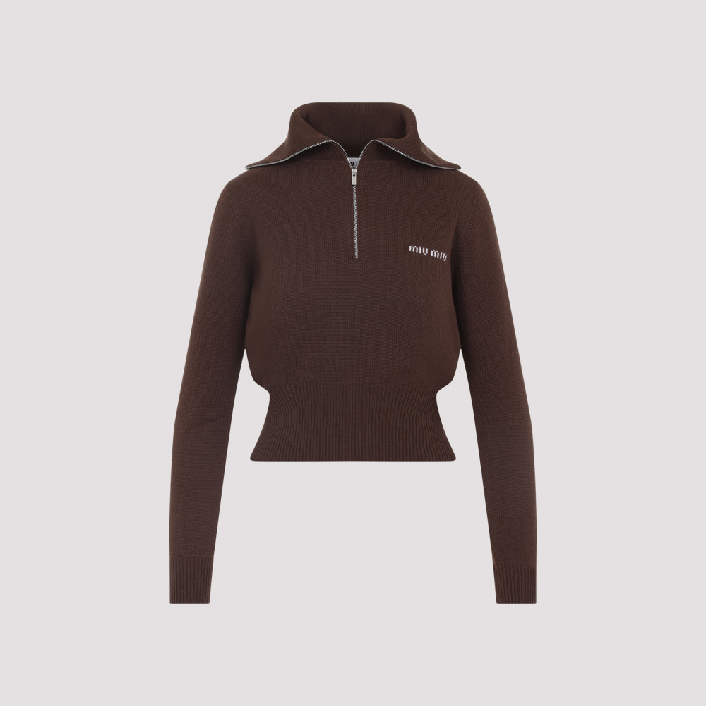 Miu Miu Logo Intarsia Half-zip Sweater In Brown
