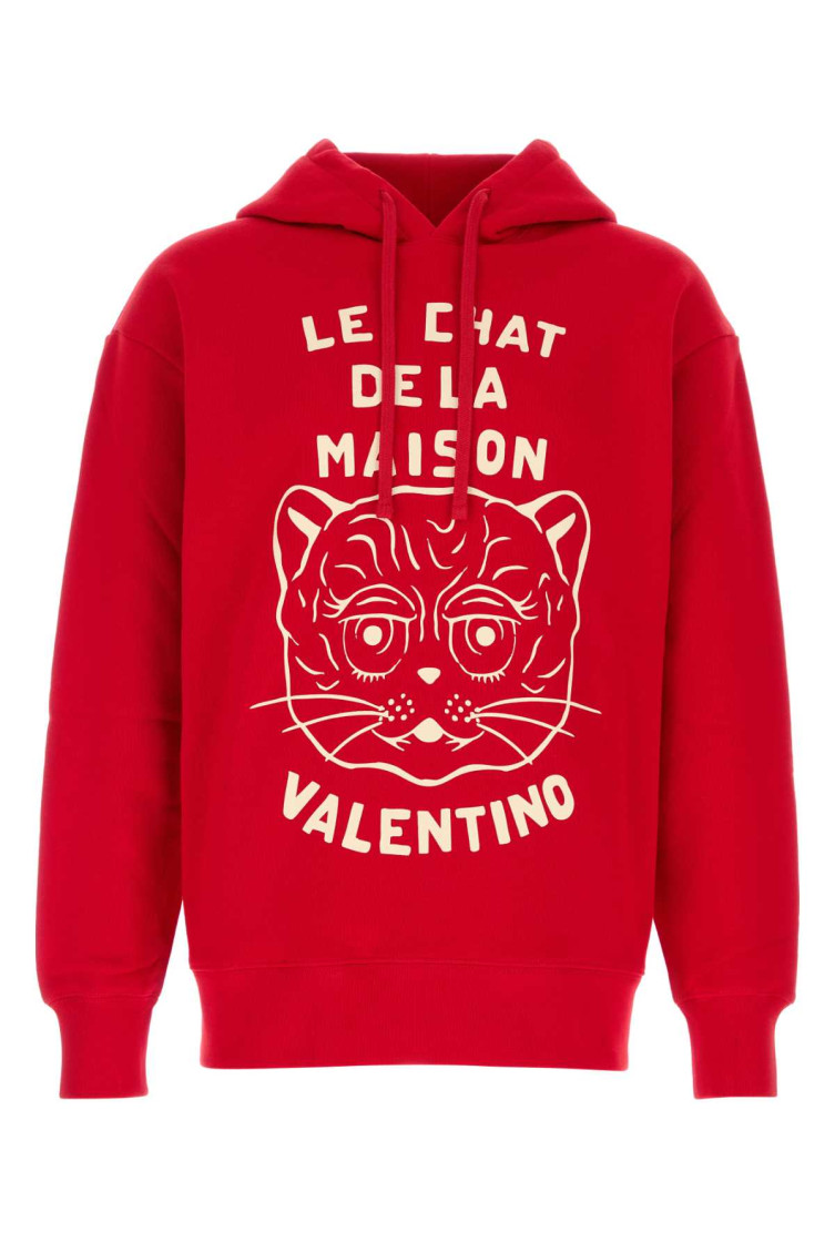 Valentino Cotton Sweatshirt With Hood And Graphic Print In Red
