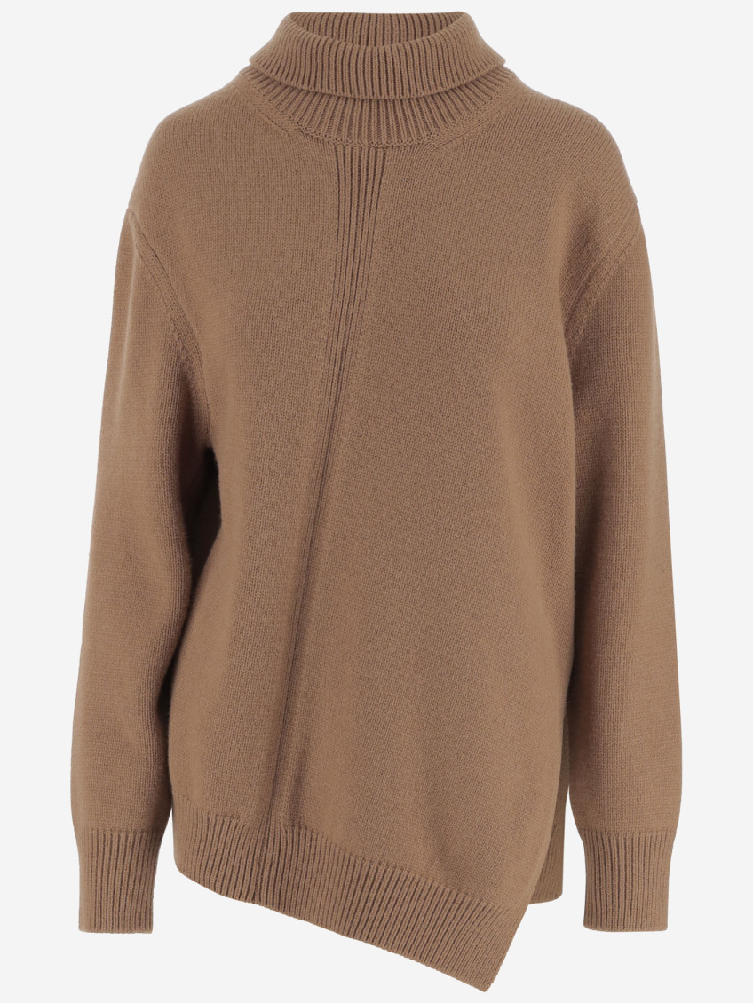 Jil Sander Beige High Neck Asymmetrical Pullover In Brown