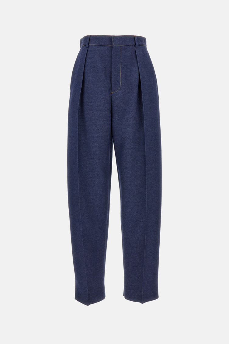 Bottega Veneta Melange Wool Straight Pants In Blue