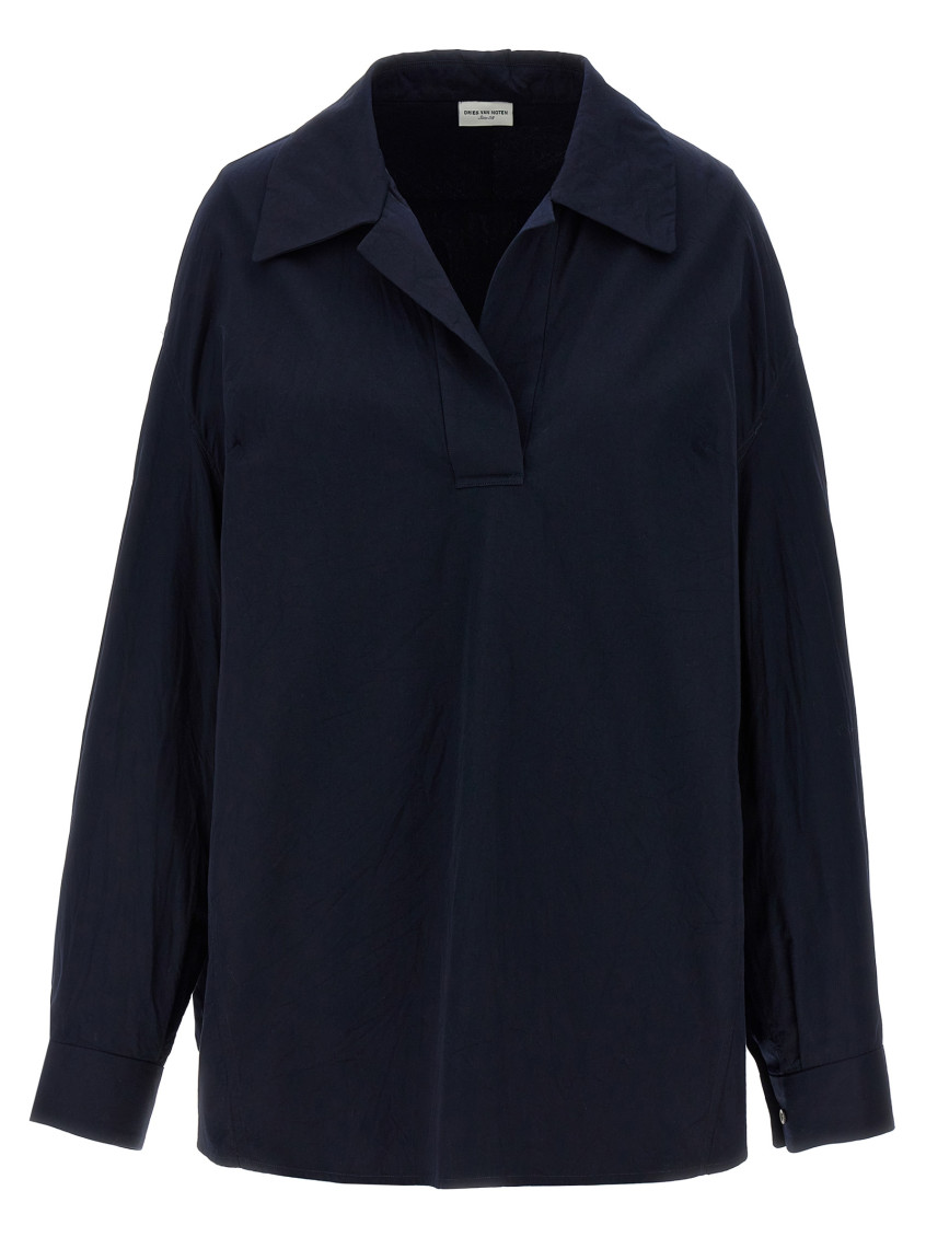 Dries Van Noten Collared Neck Long Sleeves Plain Pattern Blouse In Blue