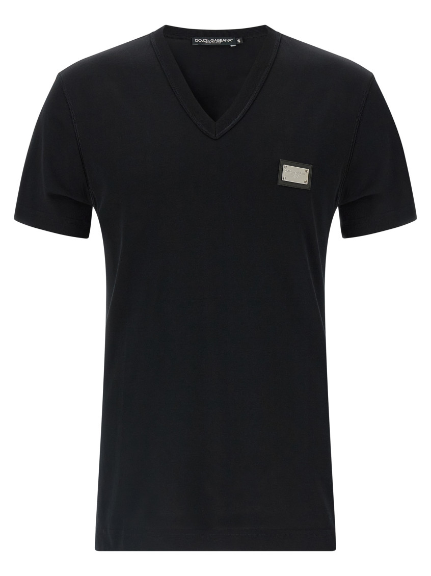 Dolce & Gabbana Black V-neck Logo T-shirt In Black