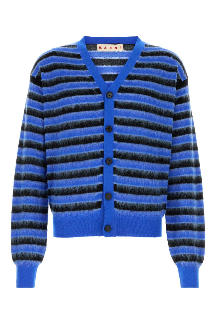 Shop Marni Blue Embroidered Wool Cardigan In Royal Blue