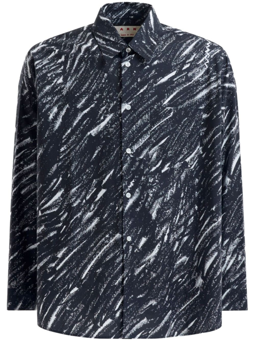 Marni Flocked Denim Oversized Shirt With Crayon Print In Grey