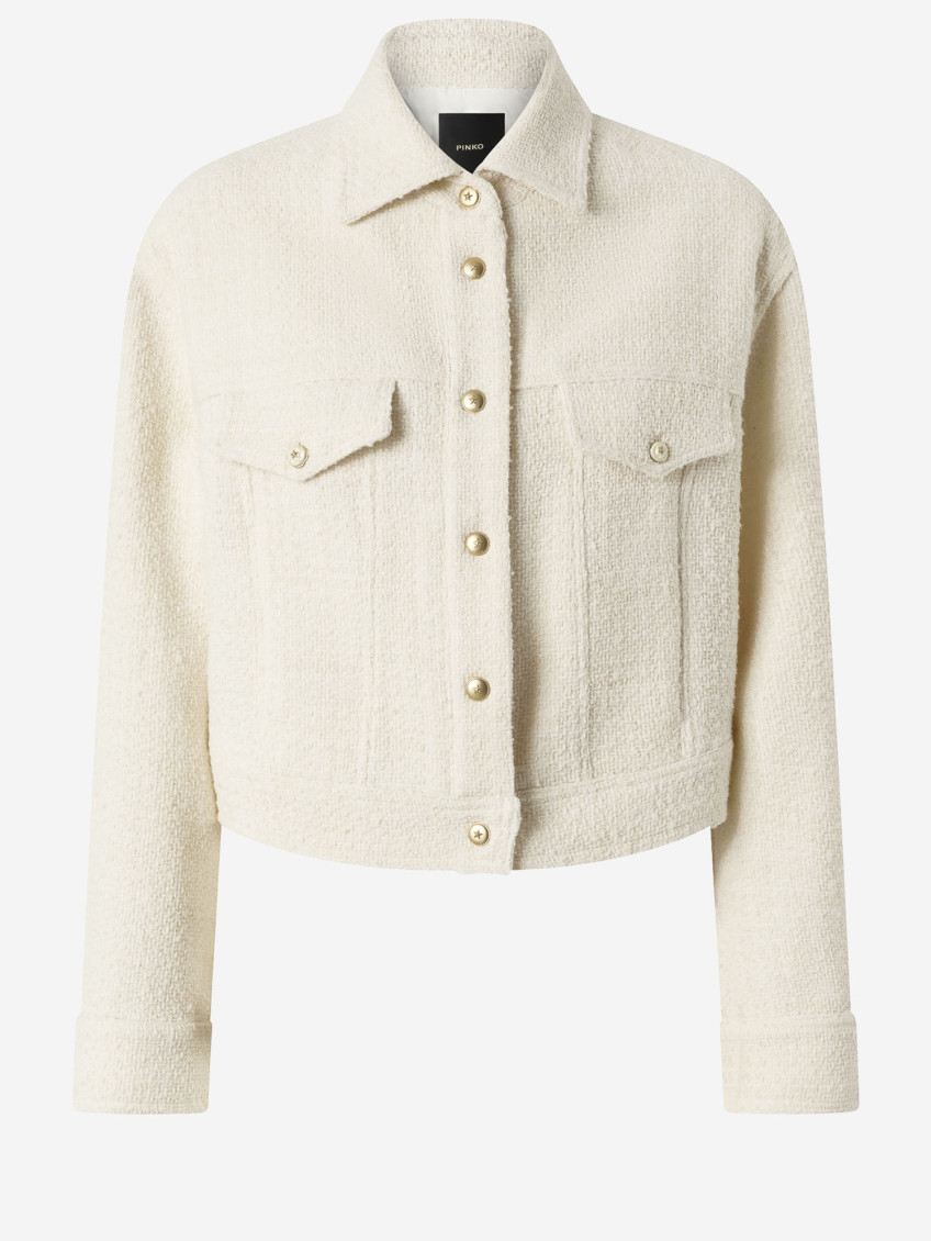 Pinko Textured Tweed Jacket With Golden Buttons In White