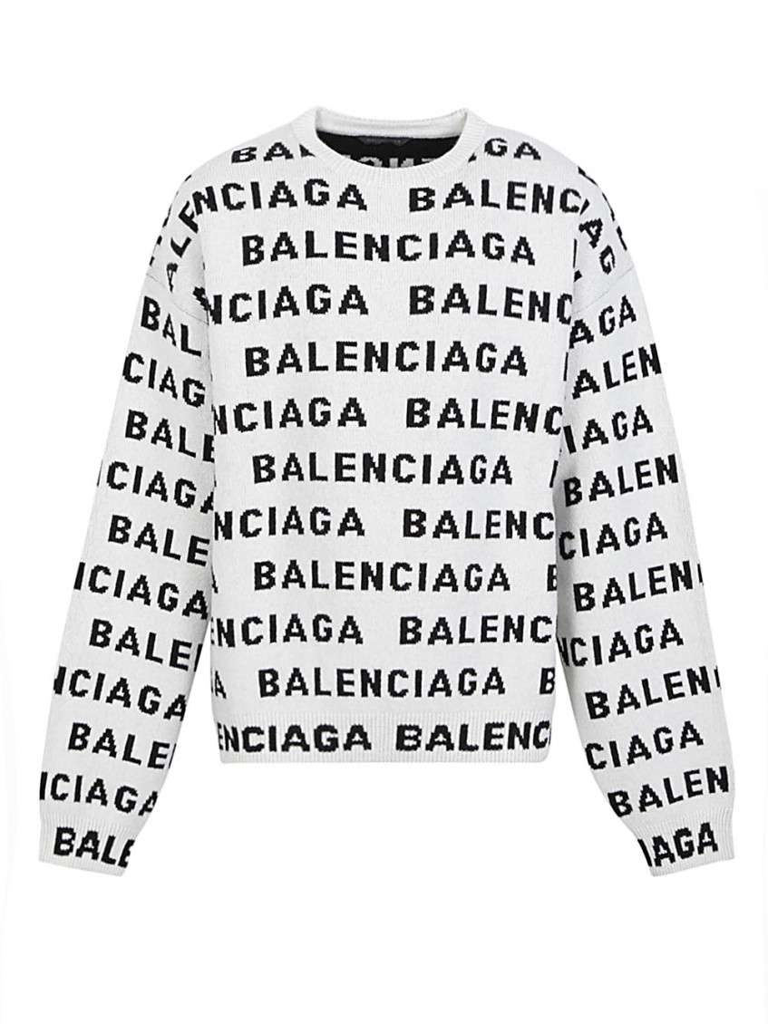 Shop Balenciaga White Allover Logo Wool Crewneck Jumper