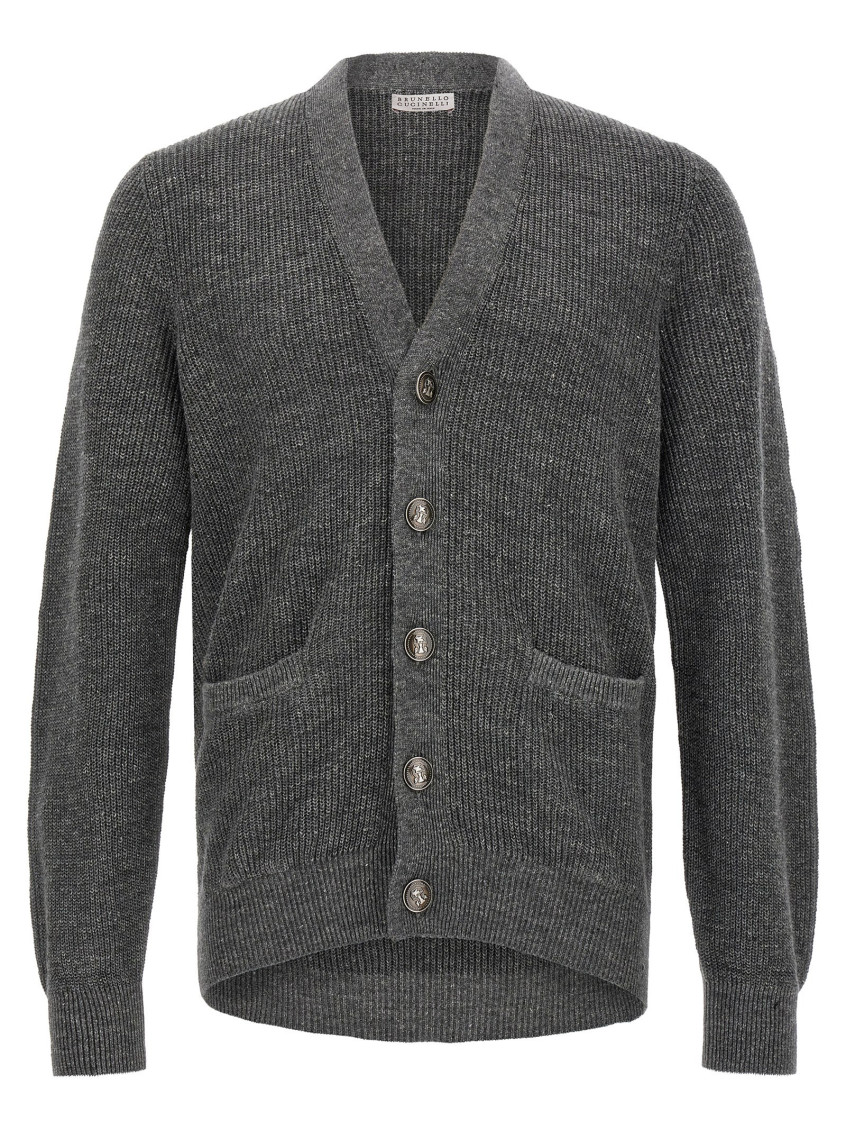 Brunello Cucinelli Cardigan Linen Blend Front Pockets In Black