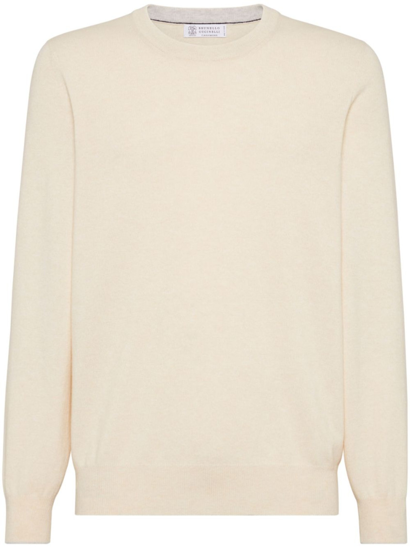 Brunello Cucinelli Crew Neck Cashmere Sweater With Ribbed Cuffs In Beige