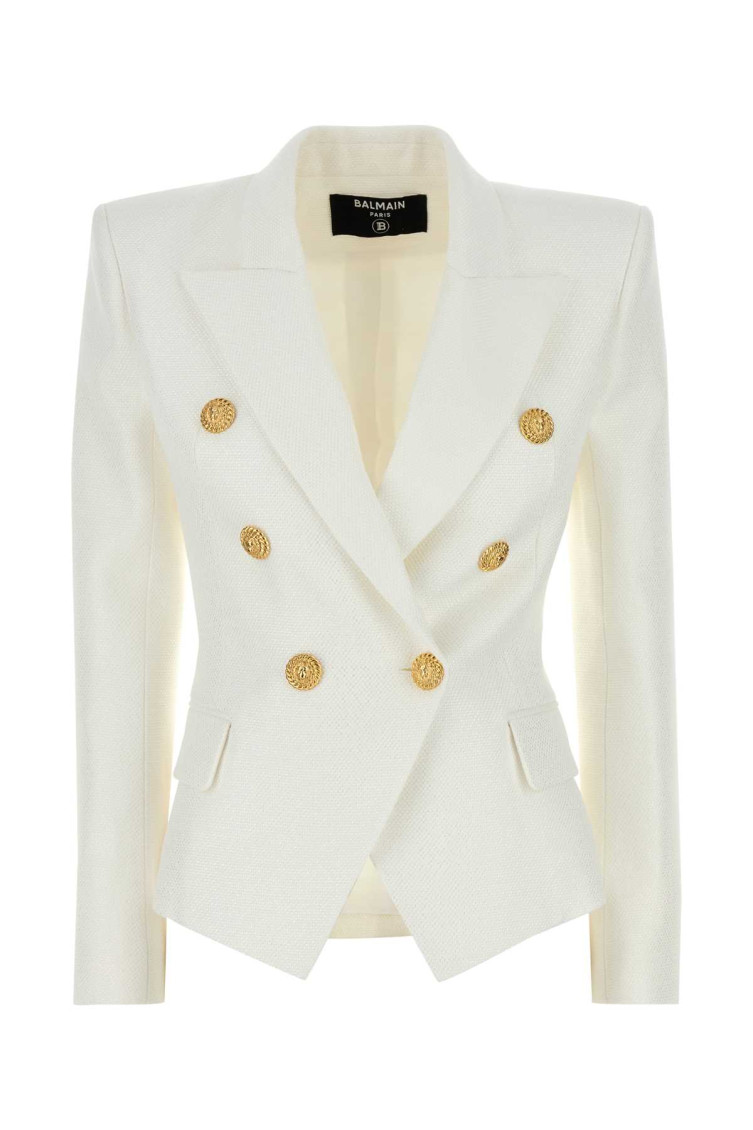 Balmain White Double-breasted Jacket With Peak Lapels And Logo Buttons In Fabric Women In White