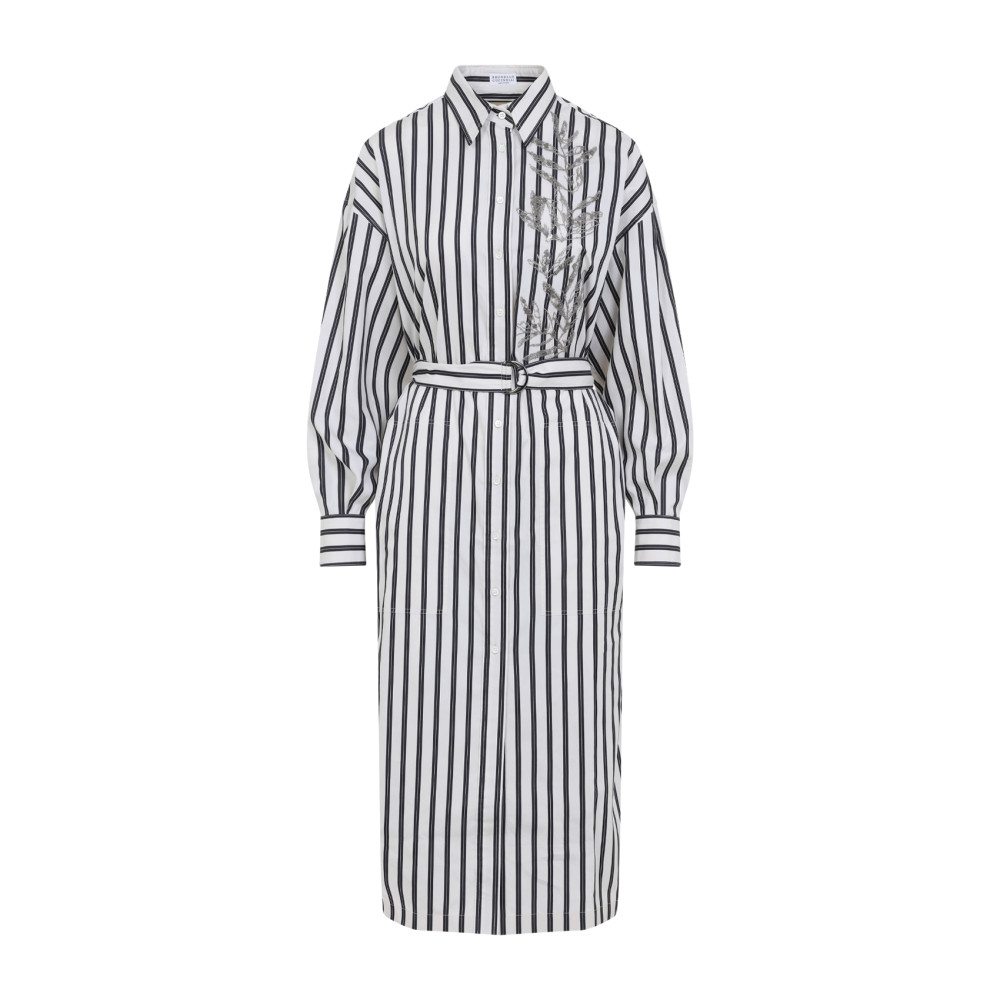 Brunello Cucinelli Striped Midi Shirt Dress With Floral Embroidery In Blackwhite