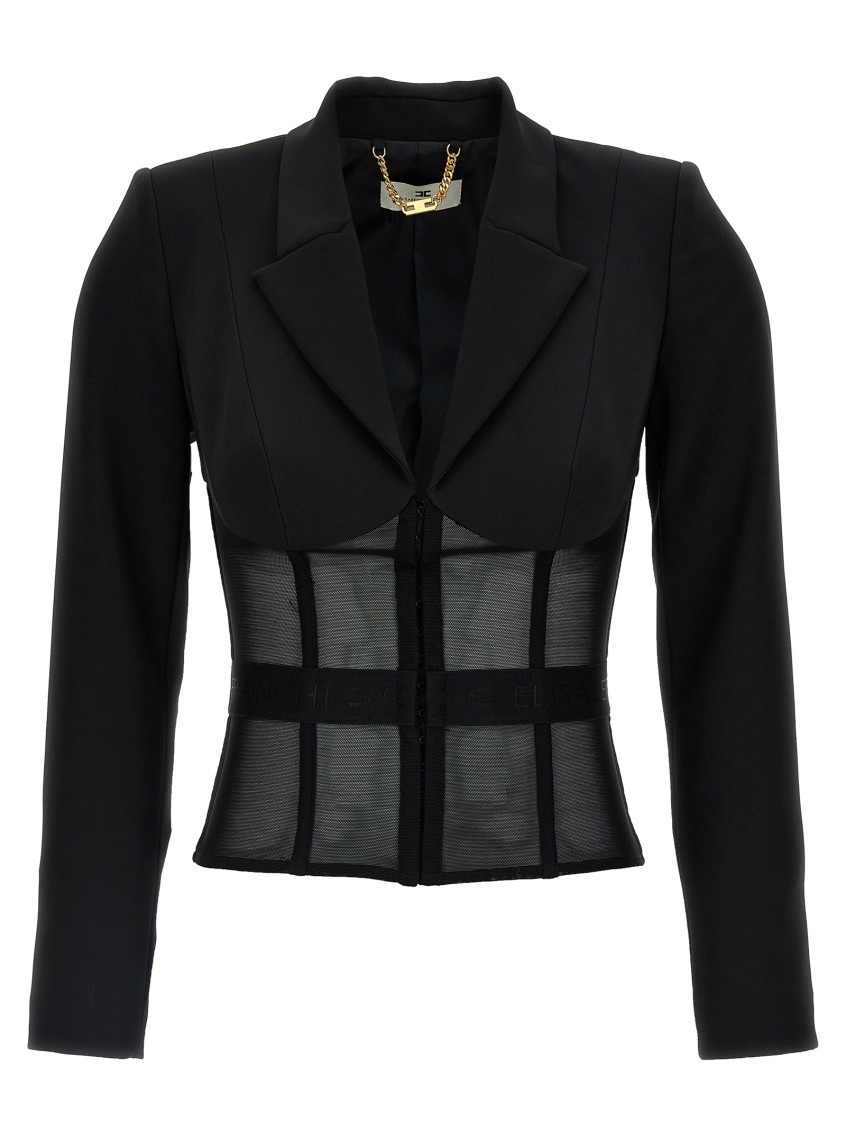 Elisabetta Franchi Tailored Blazer With Sheer Tulle Panels In Black