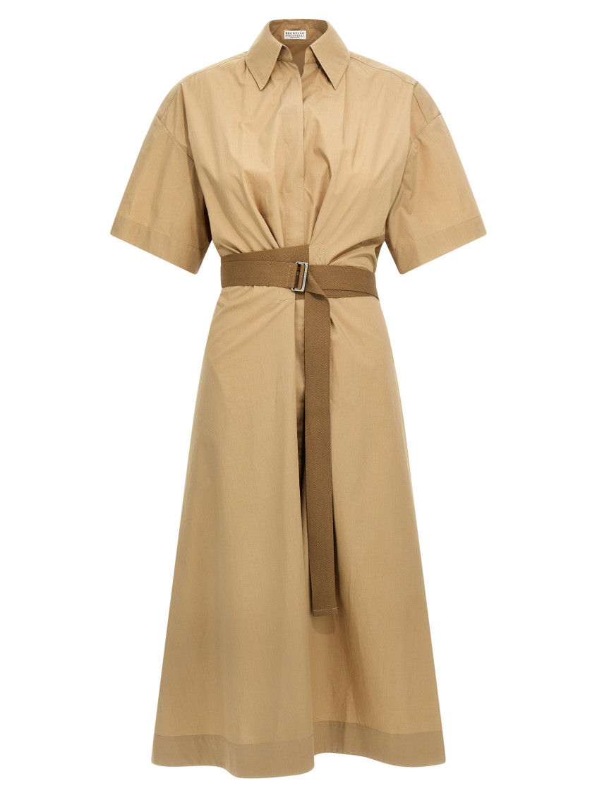 Brunello Cucinelli Cotton Poplin Chemiser Dress With Adjustable Belt In Brown