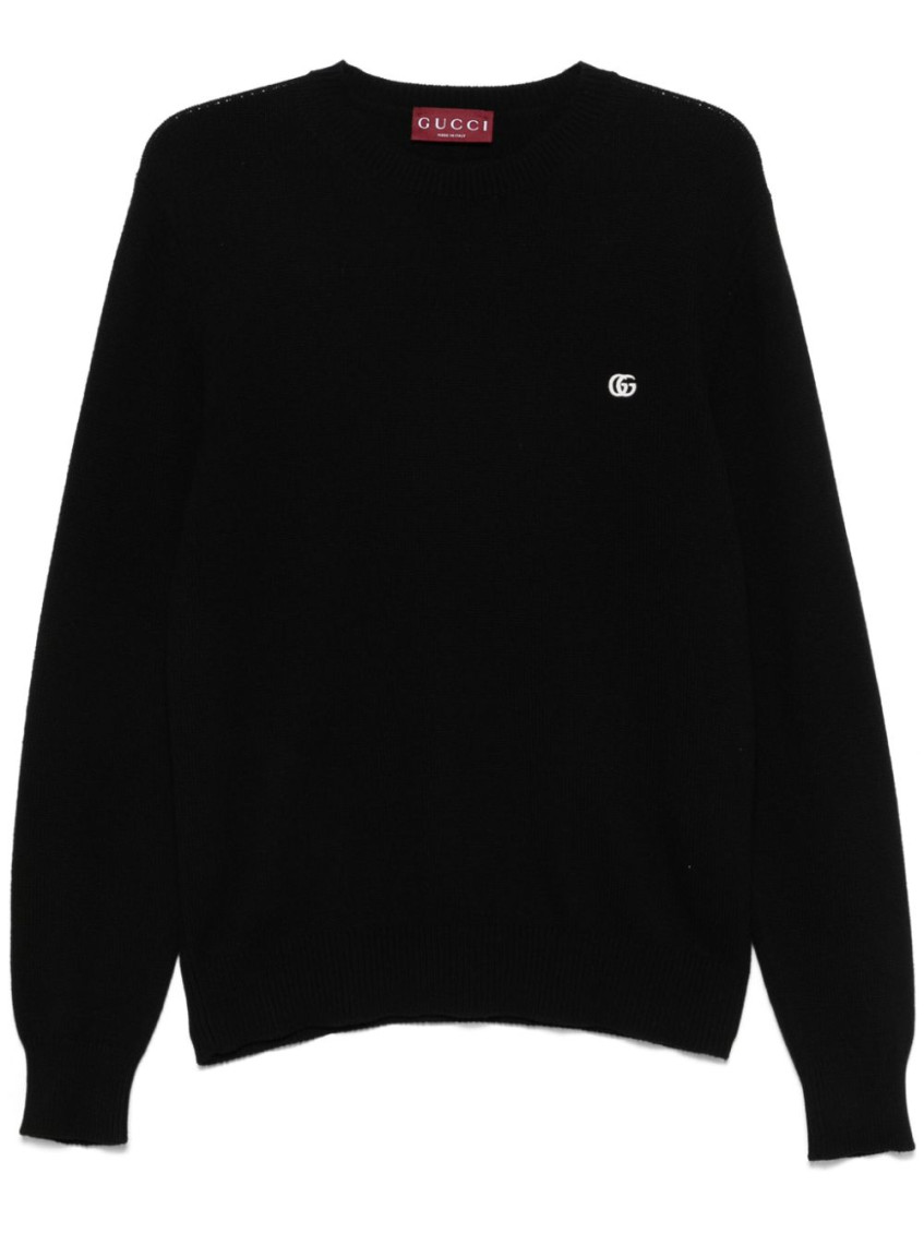 Gucci Black Crewneck Sweater With Gg Logo Embroidered On The Front In Wool And Cashmere Blend Man In Black