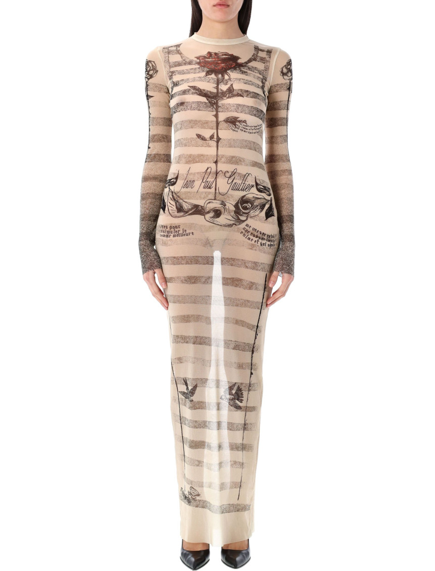 Jean Paul Gaultier Mesh Tattoo Striped Long Dress In Multicolor