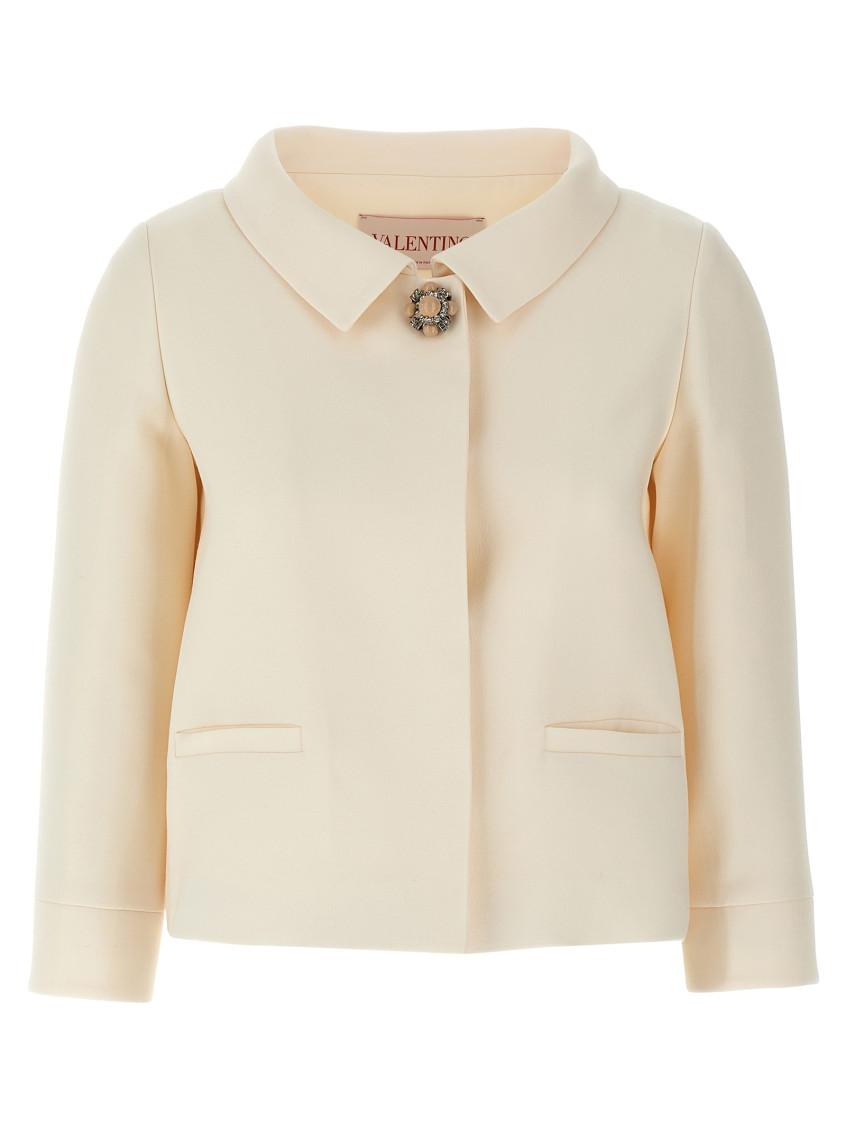 Valentino Garavani White Jacket With Spread Collar And Front Jewel Button In Wool And Silk Woman In White