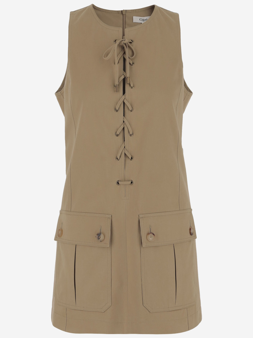 Chloé Satin Cotton Dress With Button And Slit In Brown