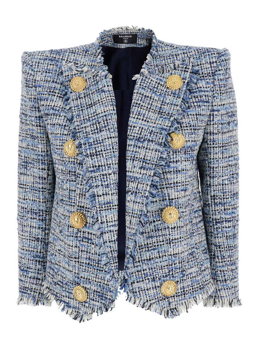 Balmain Spencer Button-embellished Frayed Cotton-blend Tweed Blazer In Blue