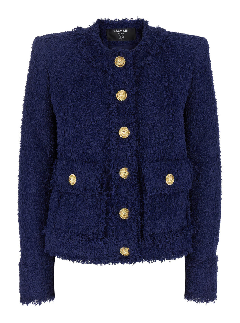 Shop Balmain Blue Collarless Blazer