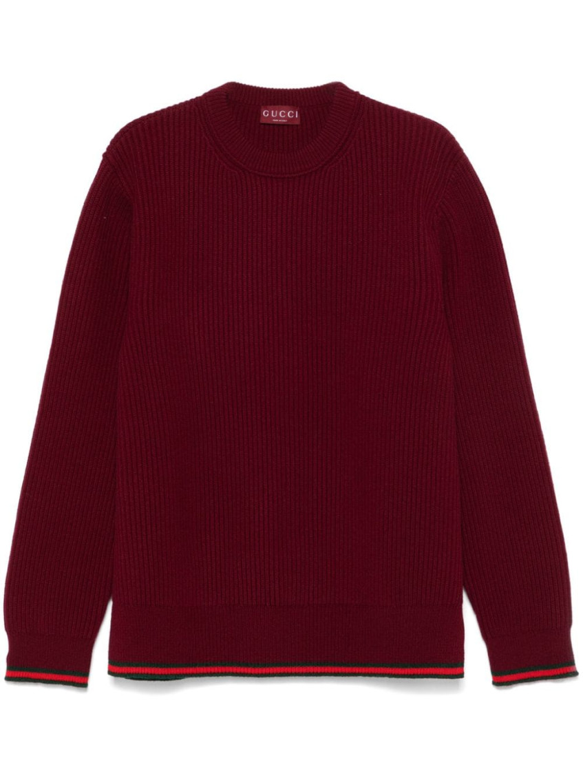 Gucci Red Crewneck Sweater With Web Detail In Ribbed Wool Blend Man In Red