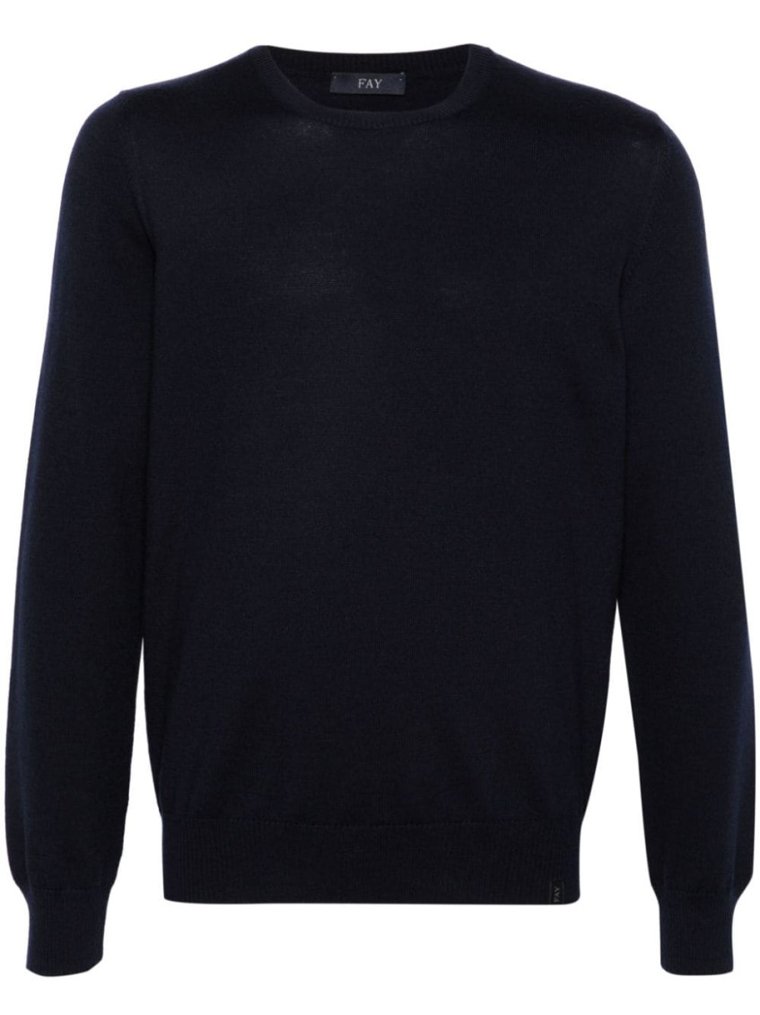 Fay Ribbed Knit Crewneck Sweater With Straight Hem In Blue