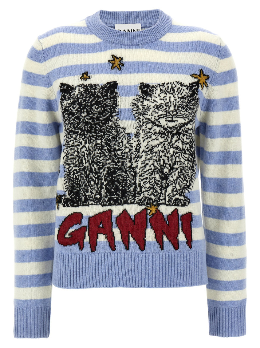 Ganni Light Blue Crewneck With Maxi Logo Print On The Front And All-over Striped Motif In Sky Blue