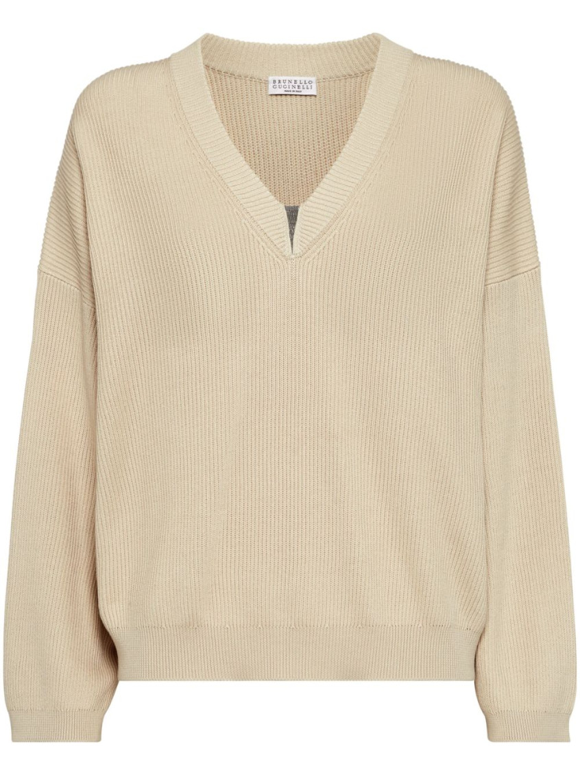 Brunello Cucinelli Cotton V-necked Sweater In Beige