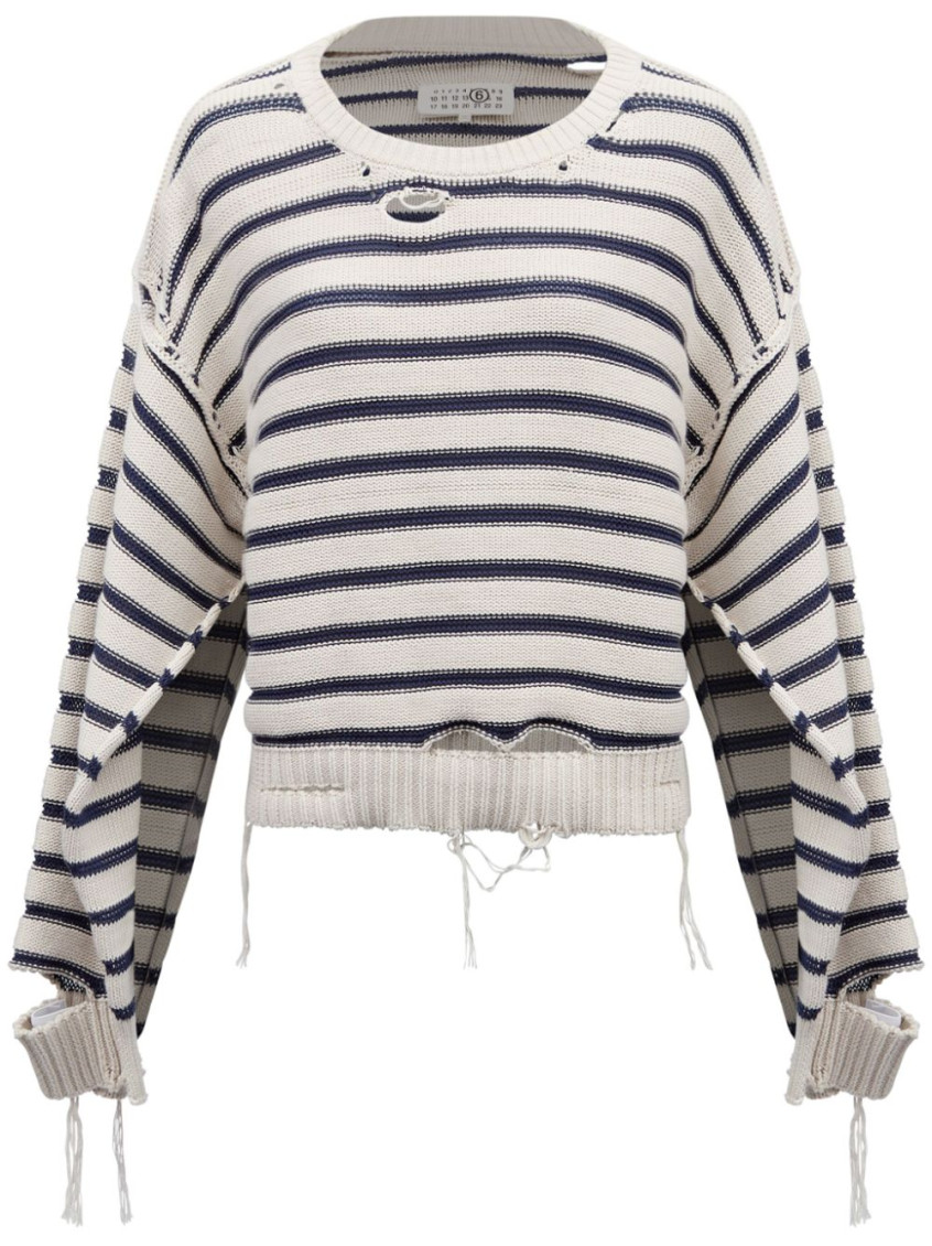 Mm6 Maison Margiela White And Blue Striped Sweater With Cut-out Details In White
