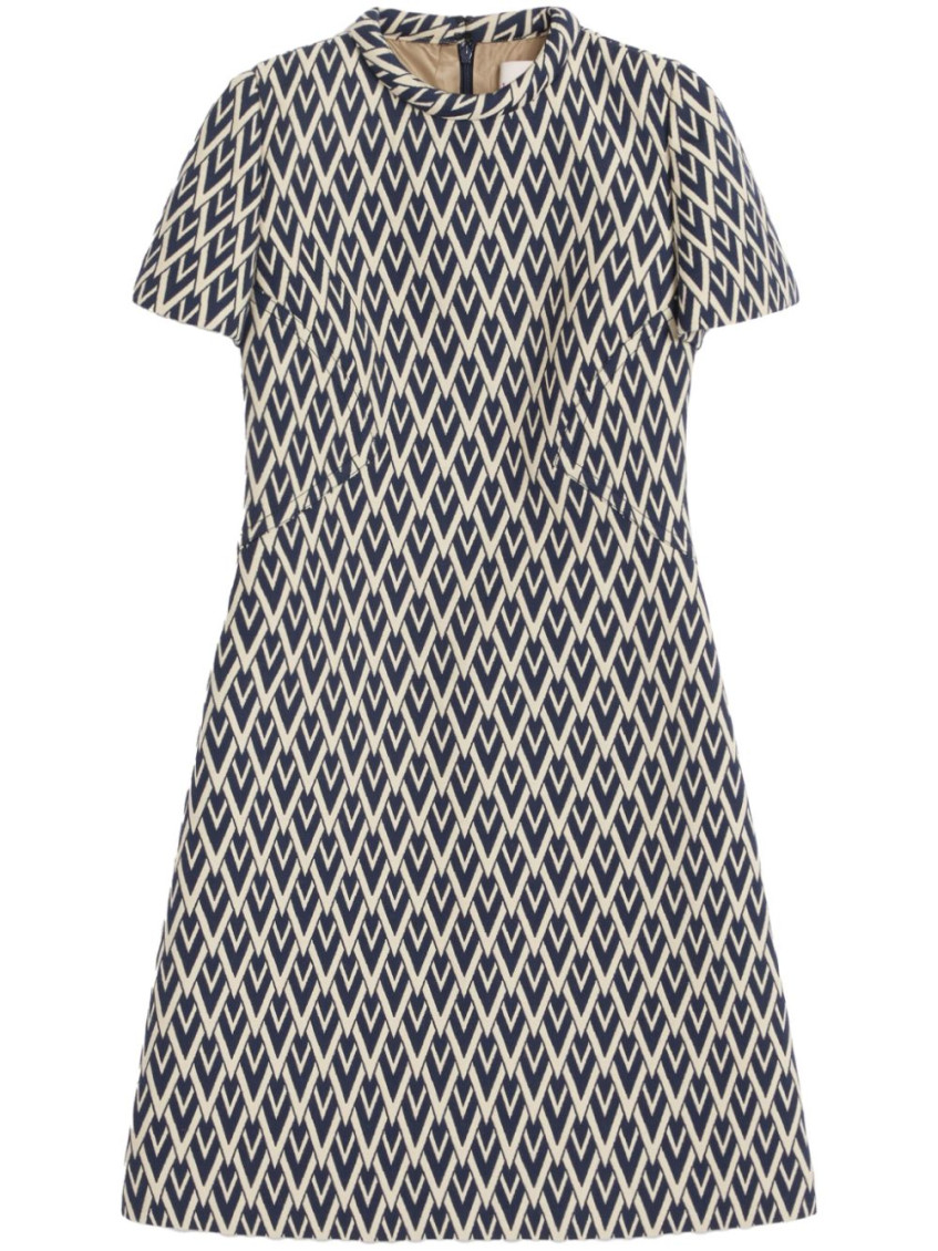 Valentino Womens Notte Crema Monogram-pattern Wool-jacquard Mini Dress In Blue