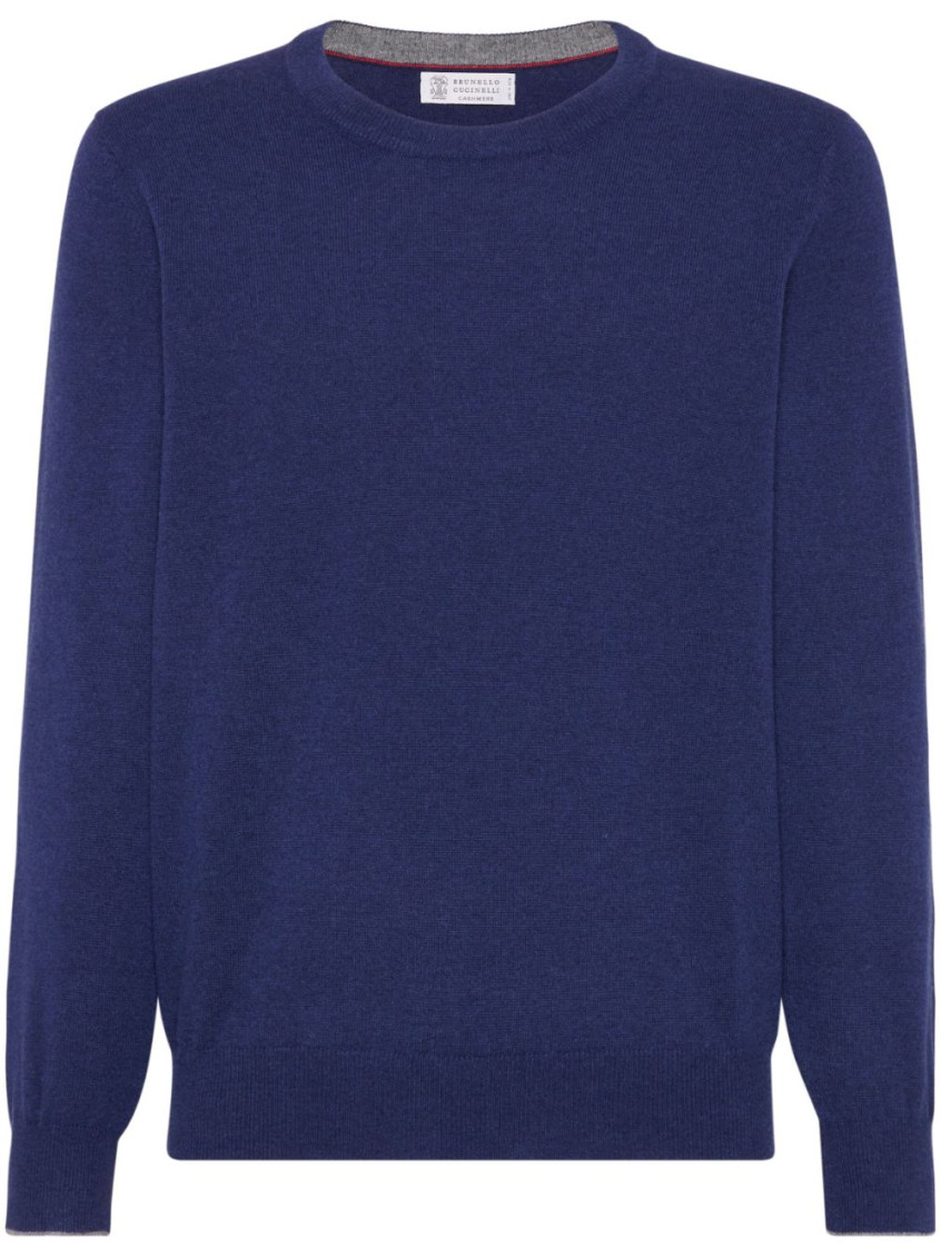 Brunello Cucinelli Cashmere Crewneck Sweater With Ribbed Finish In Blue