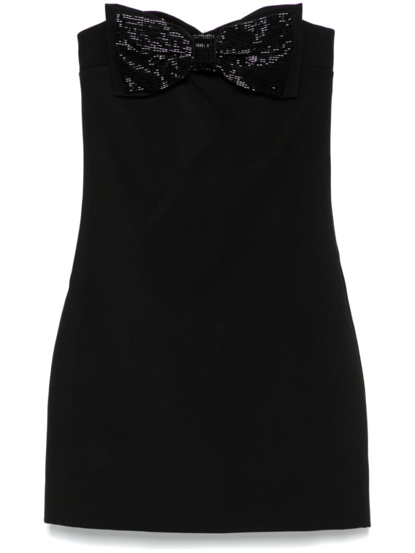 Self-portrait Black Sleeveless Mini Dress With Bandeau And Beaded Oversize Bow In Tech Fabric Woman In Black