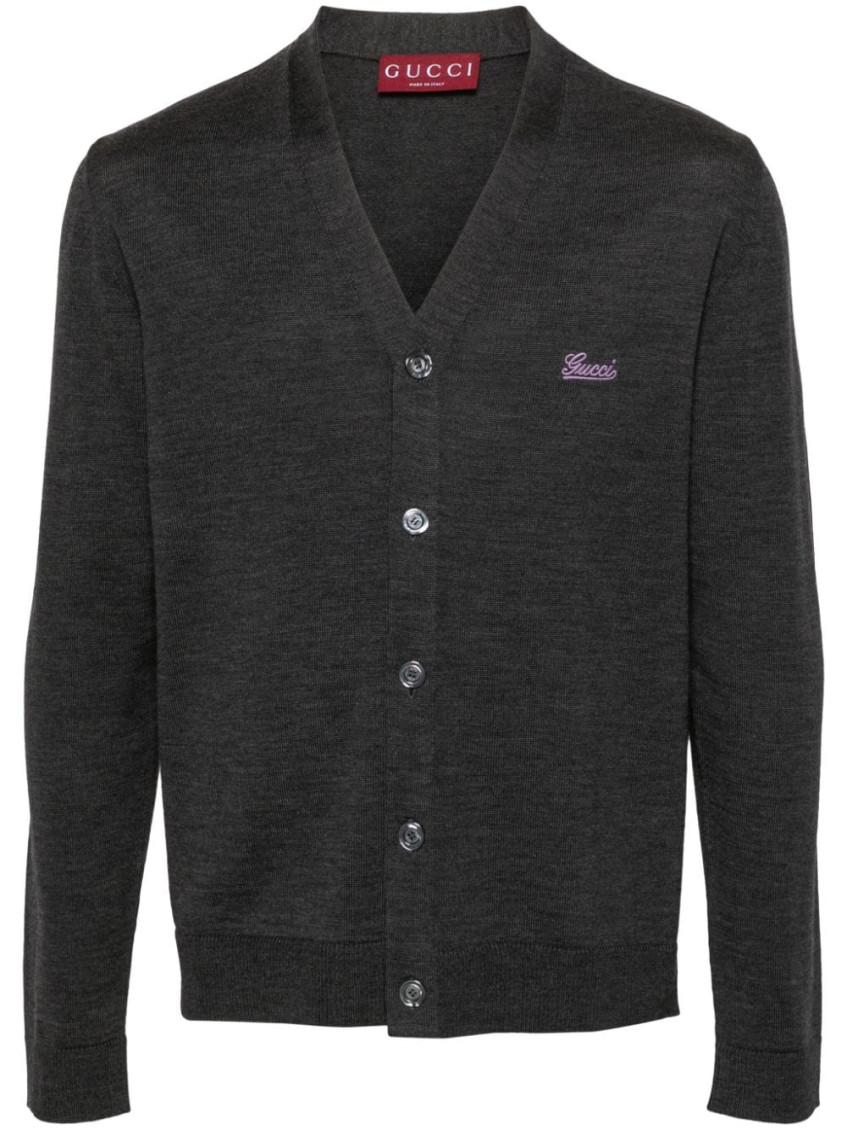 Gucci Logo-embroidered Wool Cardigan In Dark Grey