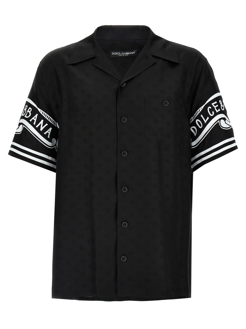 Dolce & Gabbana Black Shirt With Logo Print On The Sleeves In Silk Man In Black