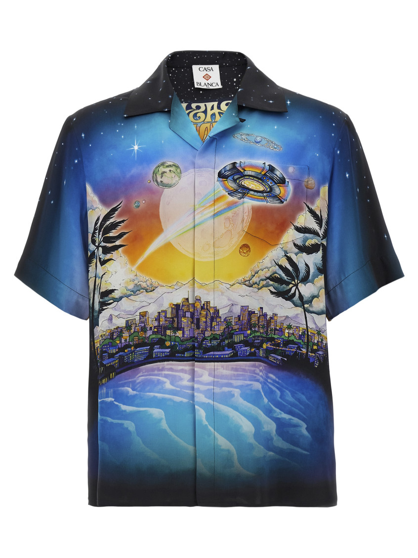 Casablanca Graphically Enhanced Silk Shirt With Cuban Collar In Multicolor