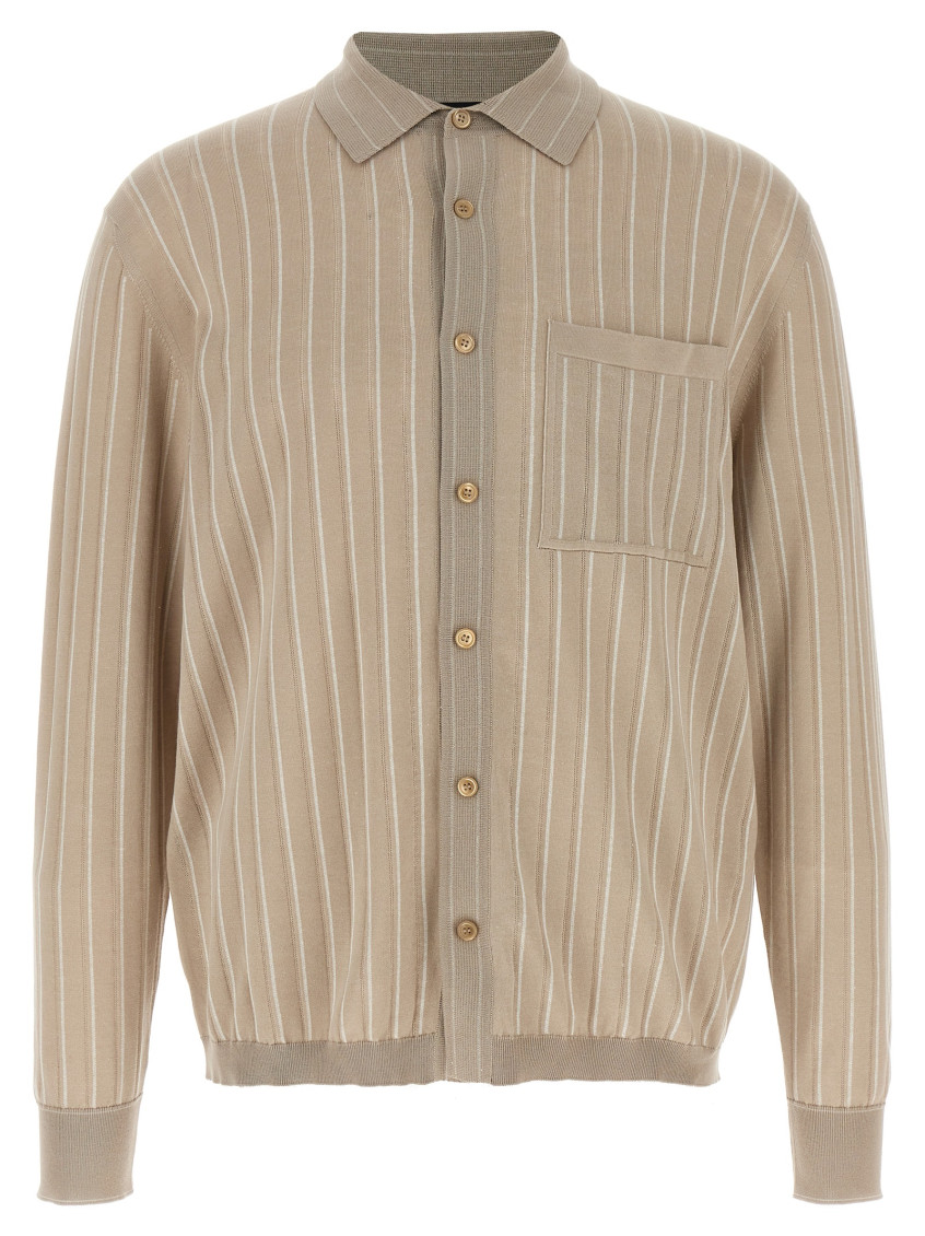 Brioni Knit Shirt With Chest Pocket And Ribbed Finish In Beige