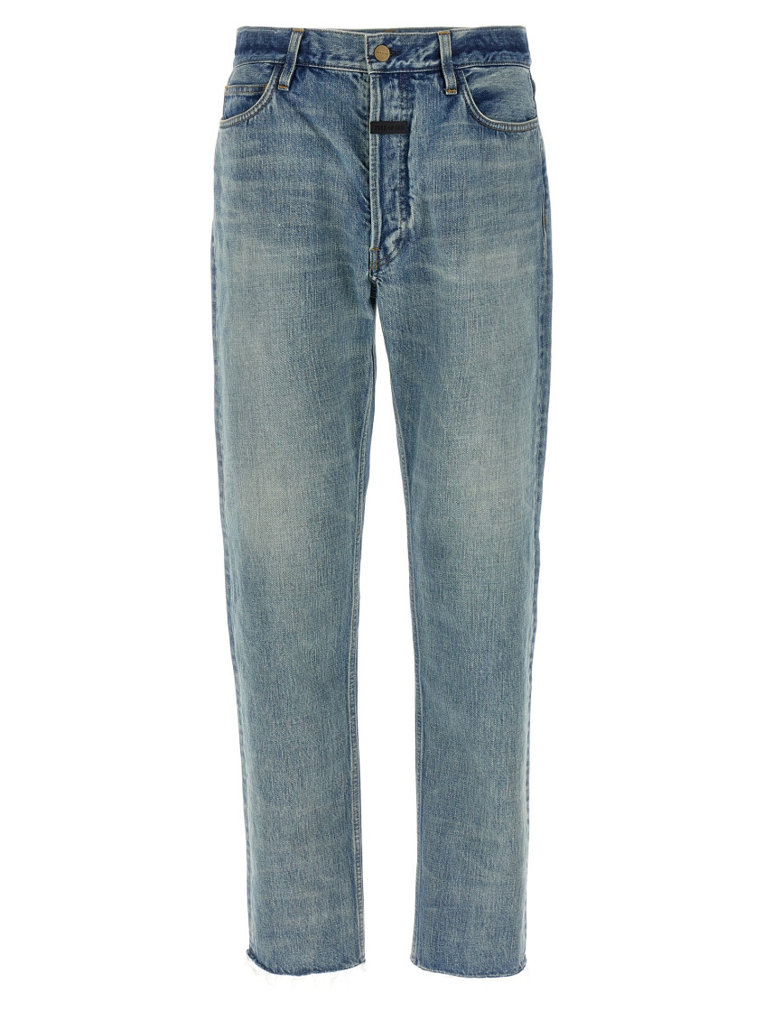 Fear Of God Five-pocket Raw Hem Straight Leg Jeans In Blue