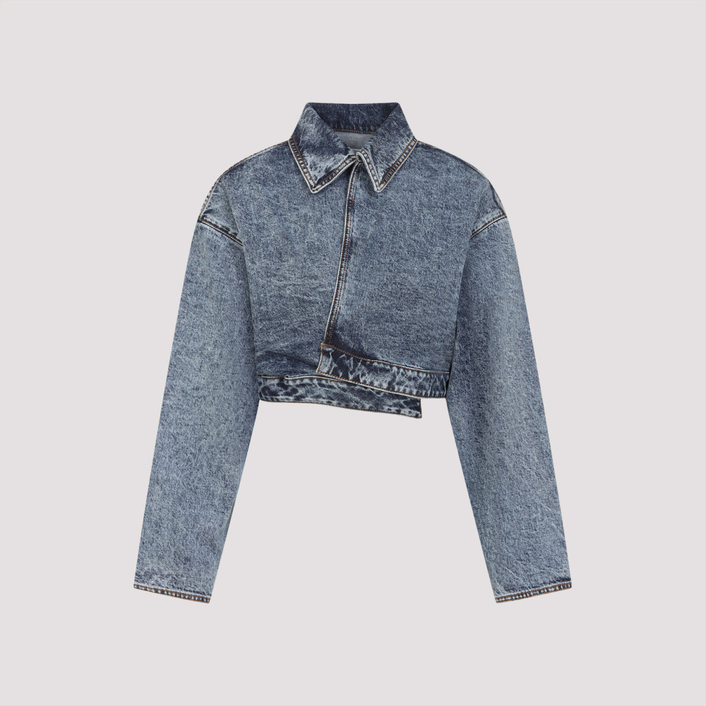 Alaïa Cropped Denim Jacket With Classic Collar In Blue